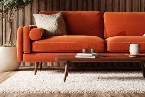 Wohnzimmer mit orangefarbener Couch und flauschigem Teppich