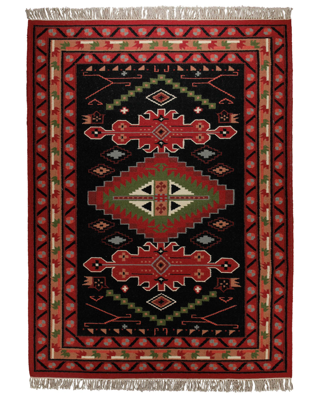 Handwebteppich Wolle Kelim Medaillon schwarz rot 160x230 cm – Komplettansicht des Teppichs freigestellt
