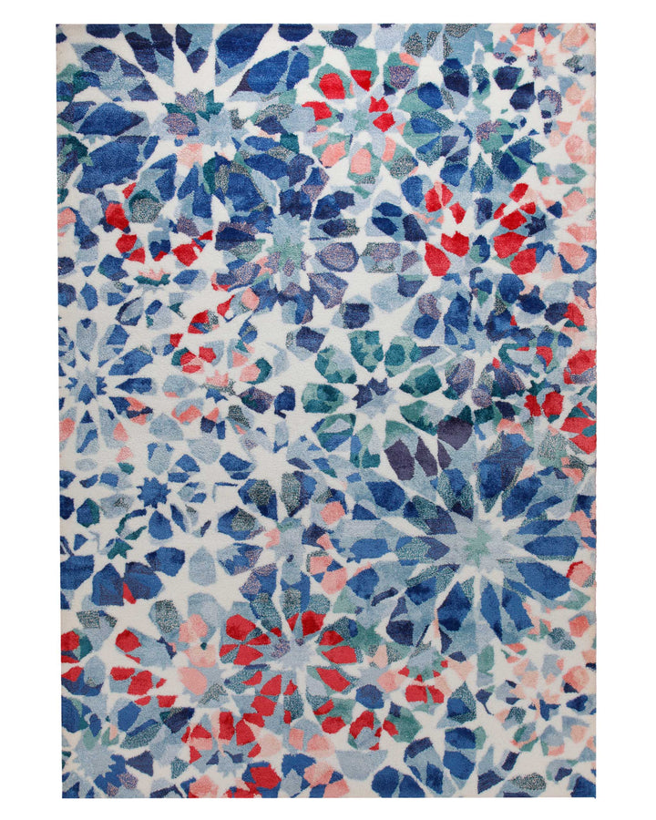 Mosaikblüte in Hellblau - Handtuft Wolle 160 x 230 cm – Detailaufnahme der Textur