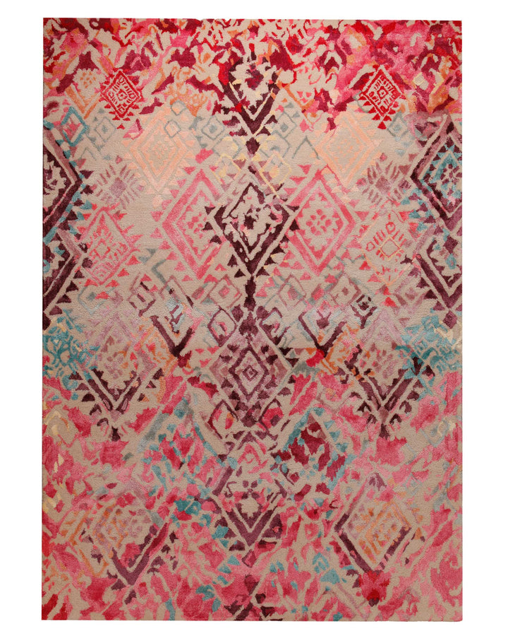 Ikat-Raute in Pink - Handtuft Wolle 160 x 230 cm – Detailaufnahme der Textur