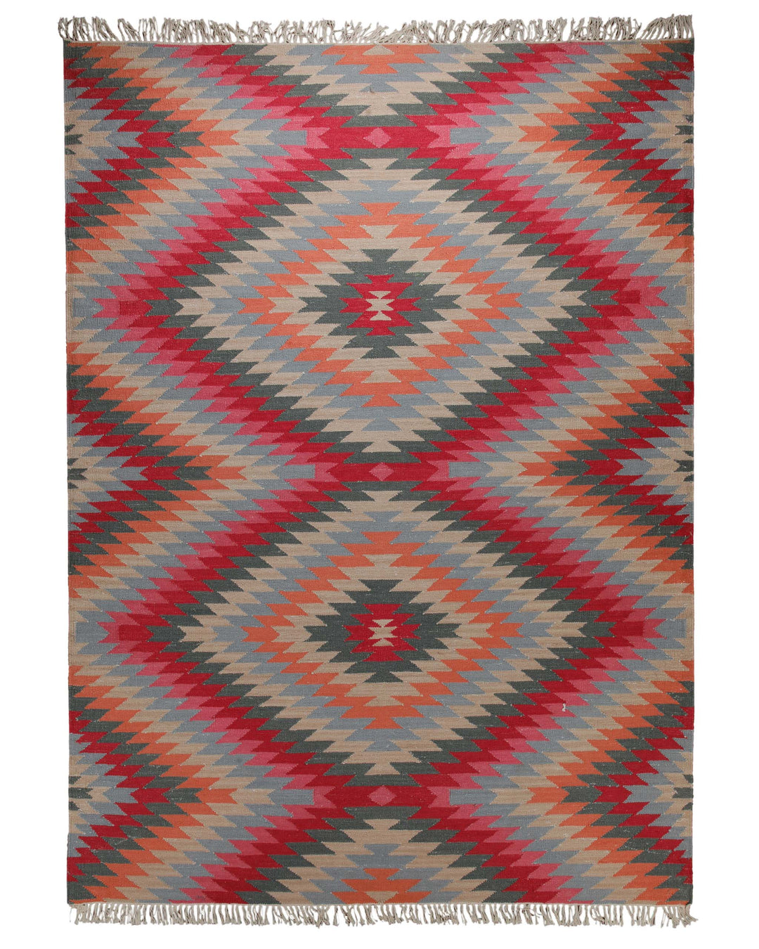 Handwebteppich Wolle Kelim Rauten rot grau 160x230 cm – Produktfoto auf weißem Hintergrund