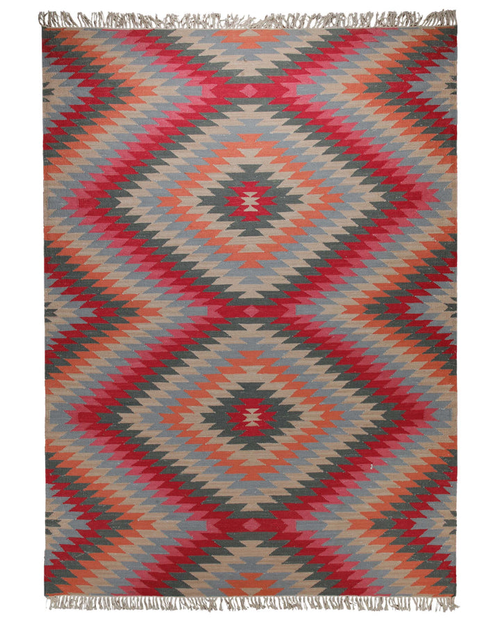 Handwebteppich Wolle Kelim Rauten rot grau 160x230 cm – Produktfoto auf weißem Hintergrund