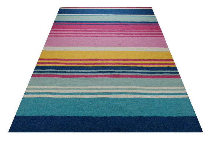 Handwebteppich Wolle Streifen bunt blau pink 160x230 cm – im Wohnraum in Szene gesetzt