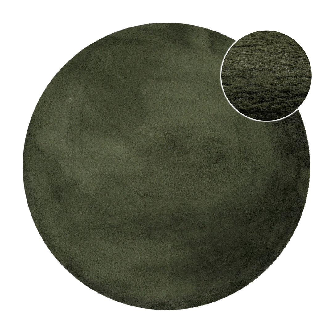 Hochflor Teppich Alice rund Oliv Grün Frontansicht mit Detailausschnitt
