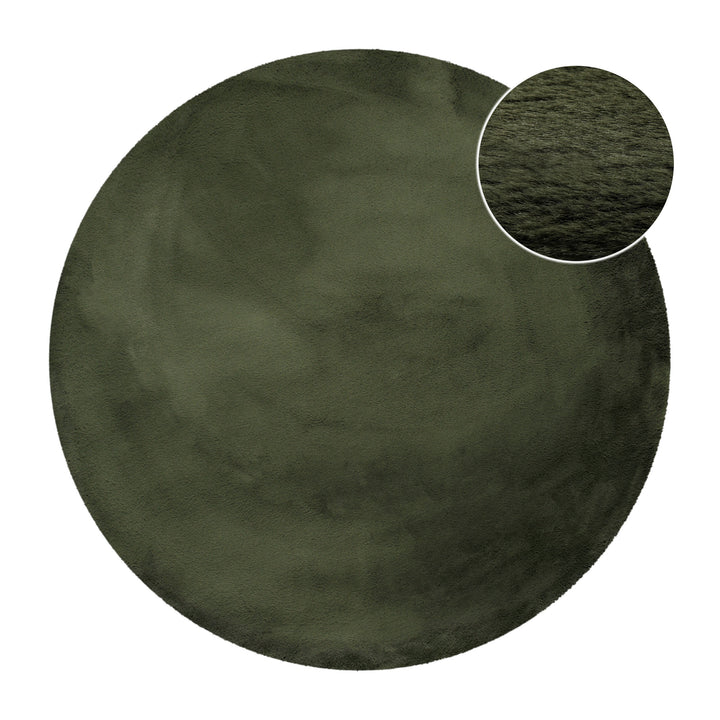 Hochflor Teppich Alice rund Oliv Grün Frontansicht mit Detailausschnitt