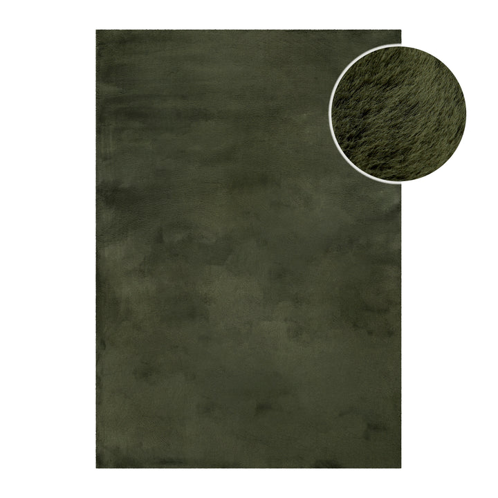 Hochflor Teppich Anna Oliv Grün Front mit Detailansicht