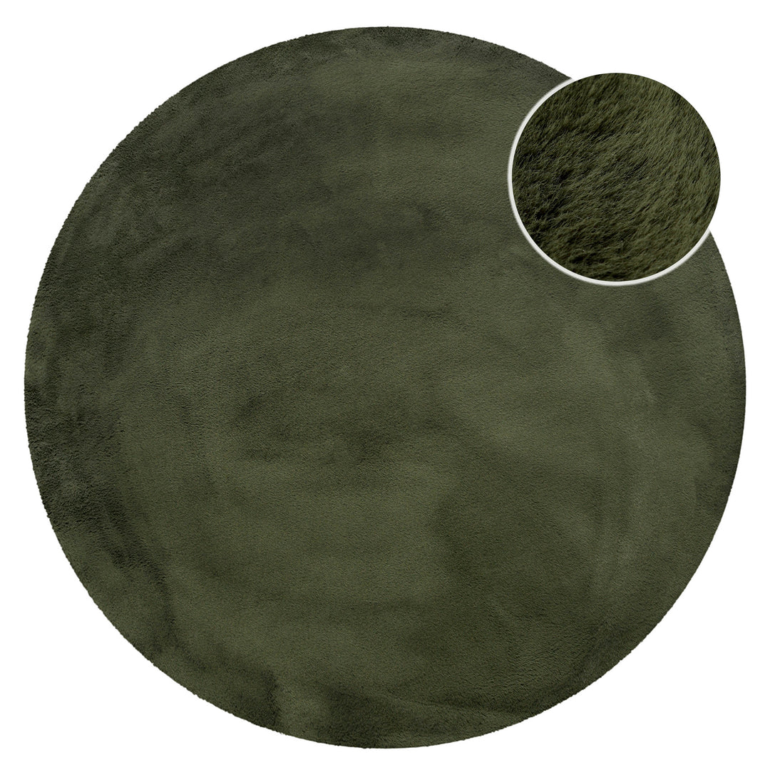 Hochflor Teppich Anna rund Oliv Grün Frontansicht mit Detailausschnitt