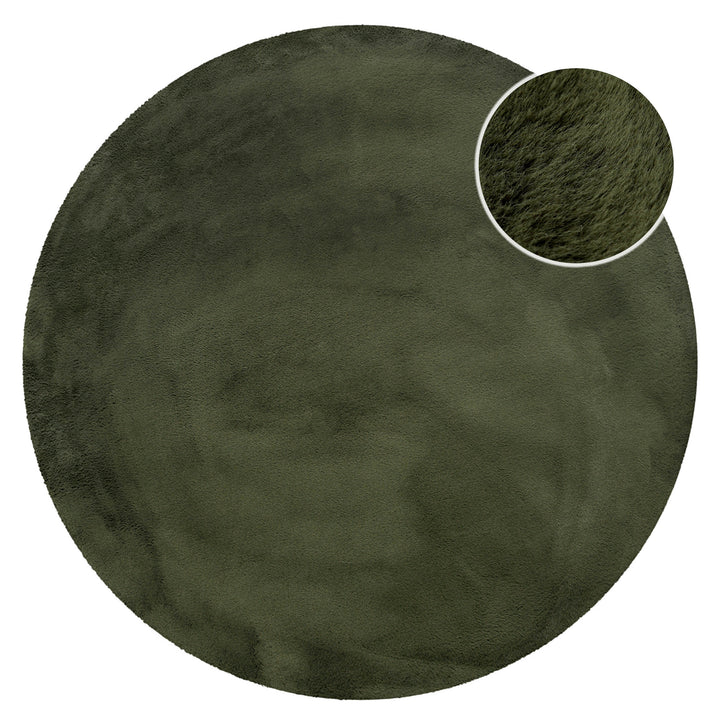 Hochflor Teppich Anna rund Oliv Grün Frontansicht mit Detailausschnitt