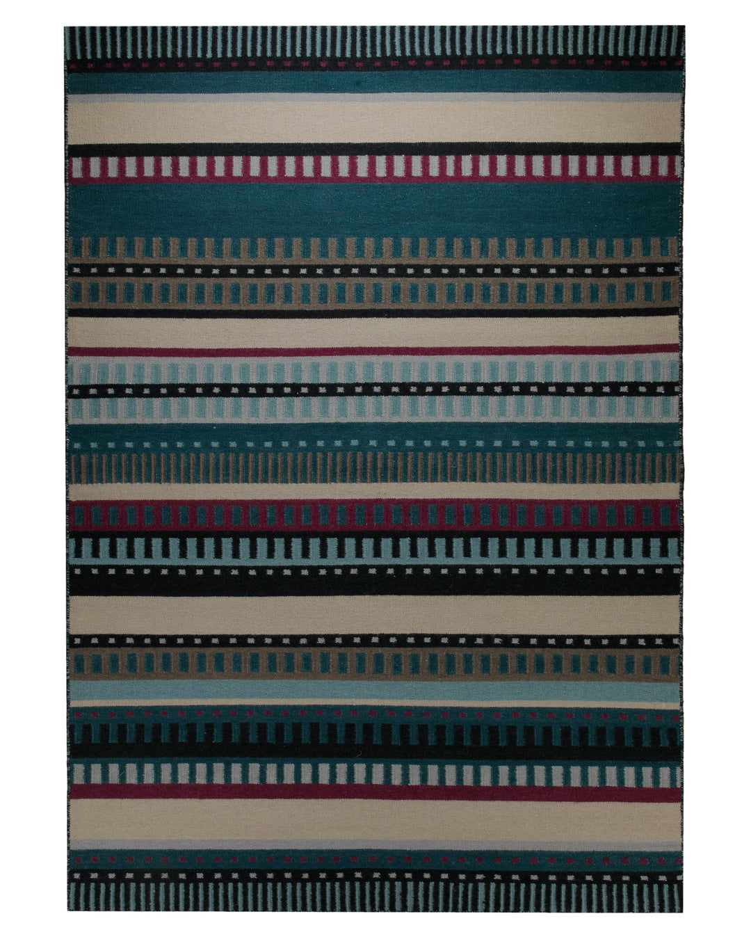 Handwebteppich Wolle Streifen petrol creme 160x230 cm – Freigestellte Ansicht von oben