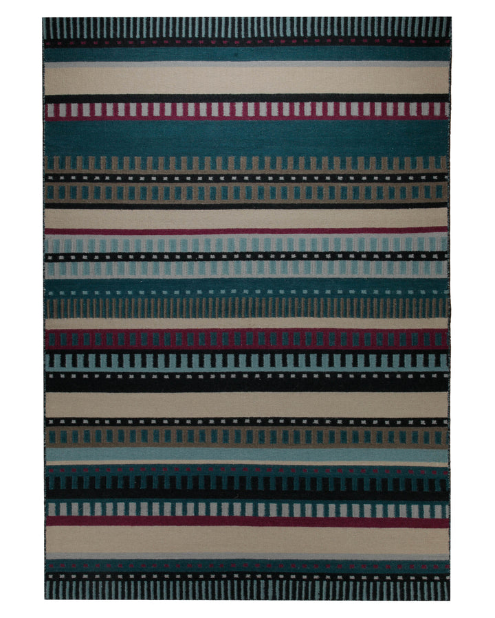 Handwebteppich Wolle Streifen petrol creme 160x230 cm – Freigestellte Ansicht von oben