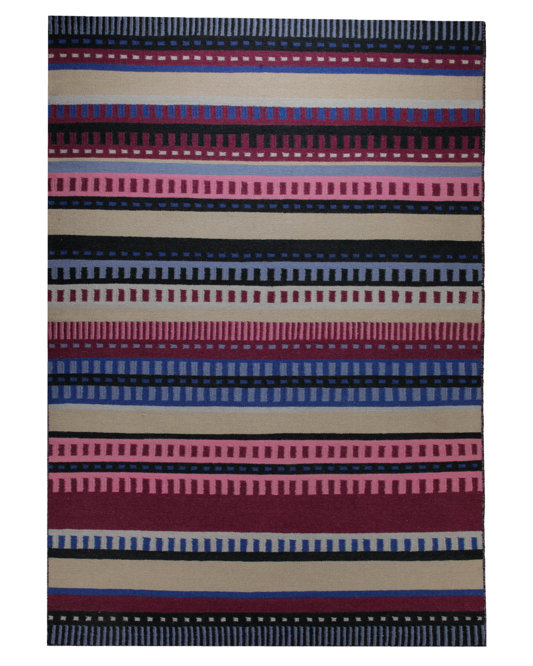 Handwebteppich Wolle Streifen bunt petrol 160x230 cm – Komplettansicht des Teppichs freigestellt
