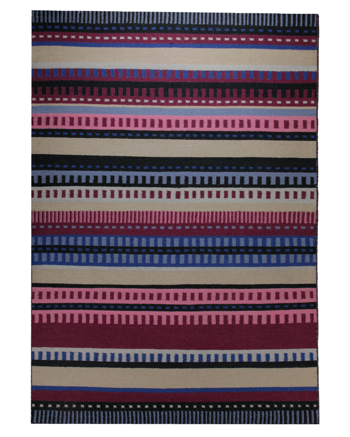 Handwebteppich Wolle Streifen bunt petrol 160x230 cm – Komplettansicht des Teppichs freigestellt
