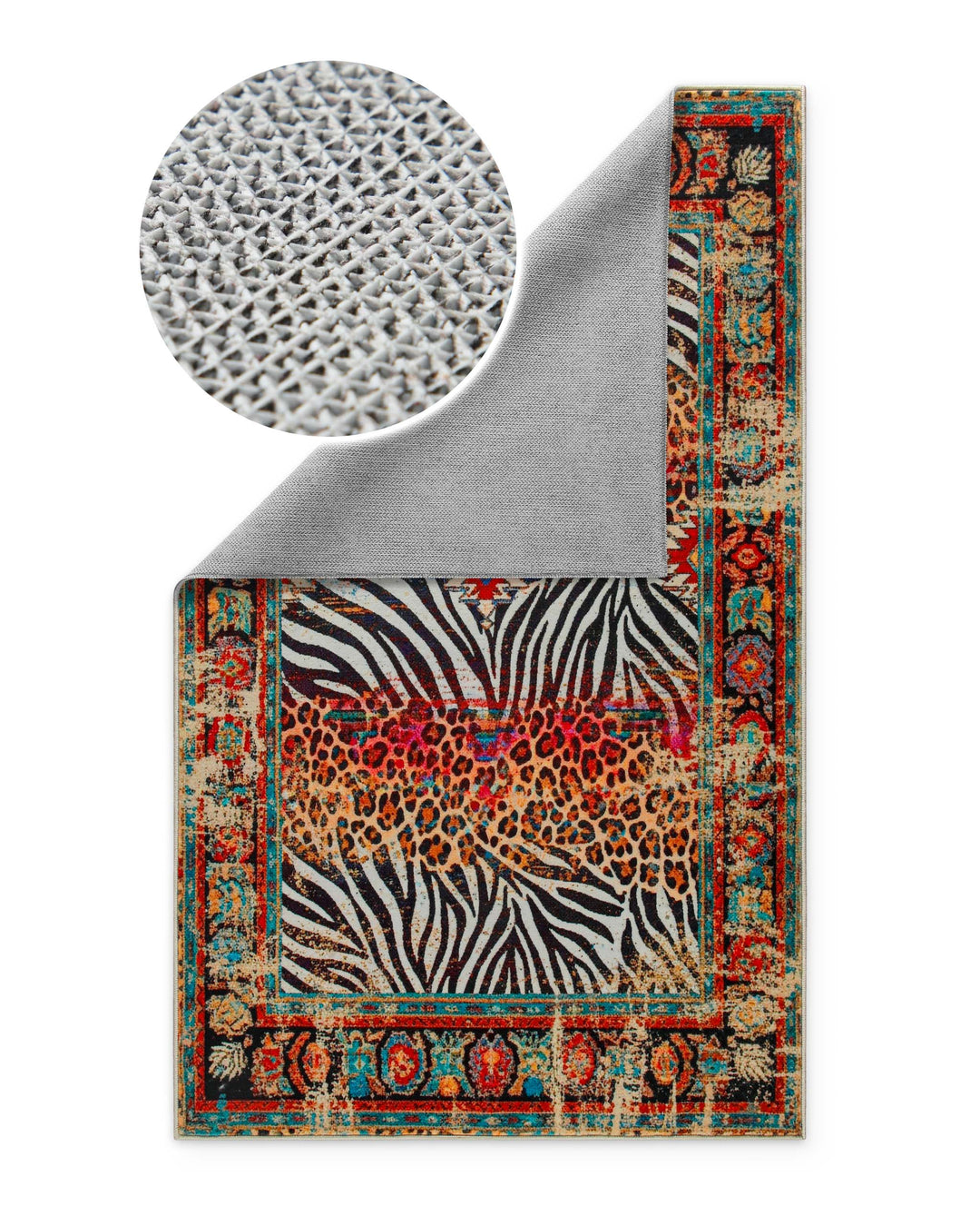 Rückseite des Badteppichs Boho Safari mit rutschhemmender Beschichtung im Detail.
