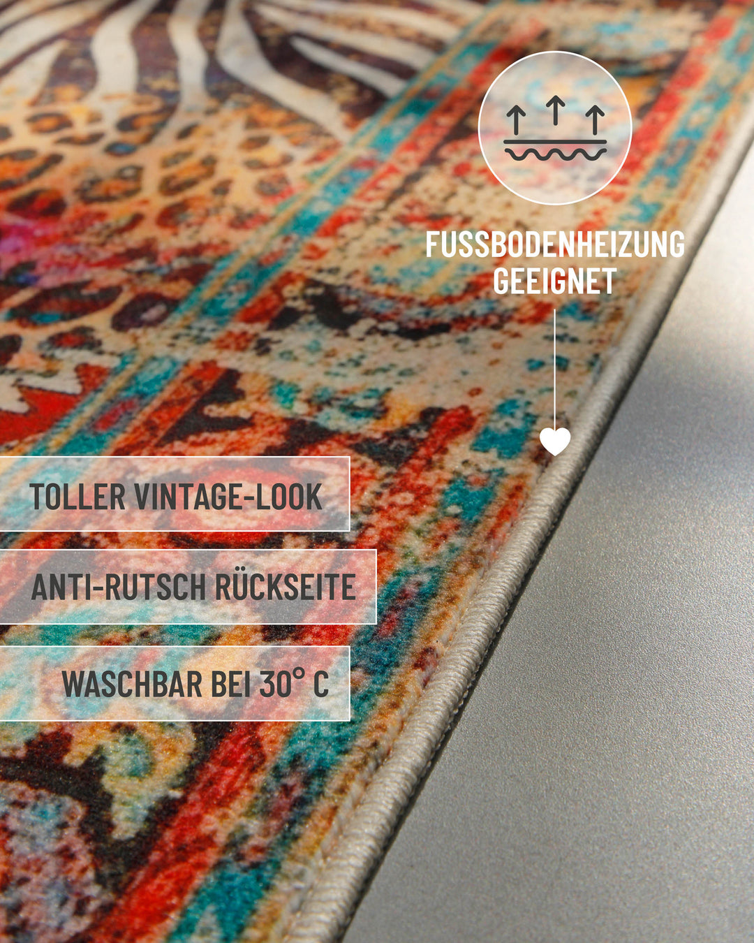 Badteppich Boho Safari mit Informationen zu Vintage-Optik, Antirutschbeschichtung und Waschbarkeit.