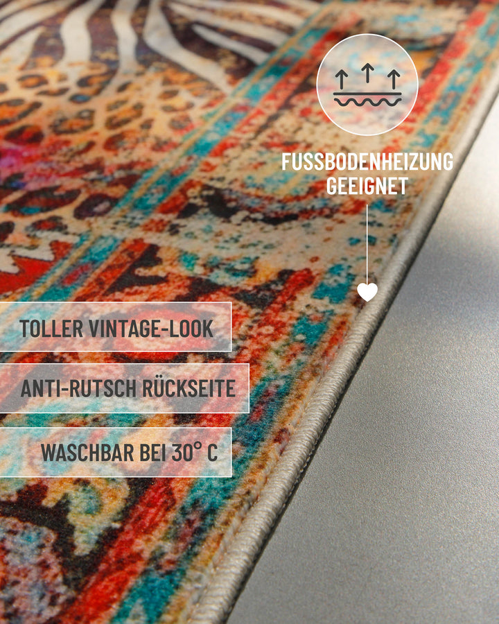 Badteppich Boho Safari mit Informationen zu Vintage-Optik, Antirutschbeschichtung und Waschbarkeit.