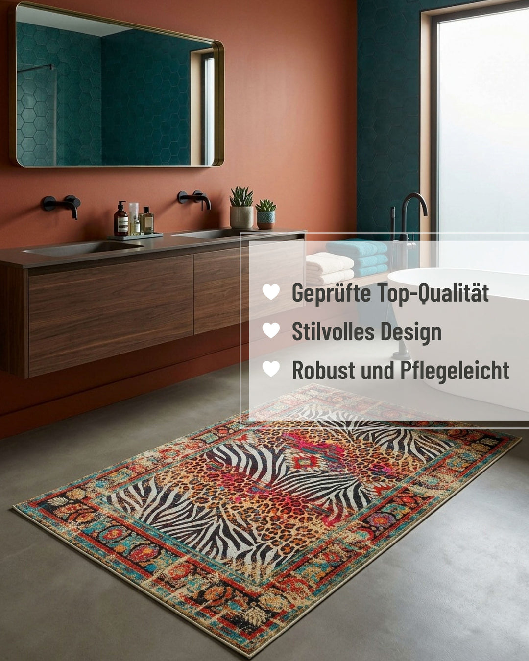 Badteppich Boho Safari mit Hinweisen zu hochwertiger Verarbeitung, Robustheit und einfacher Pflege.