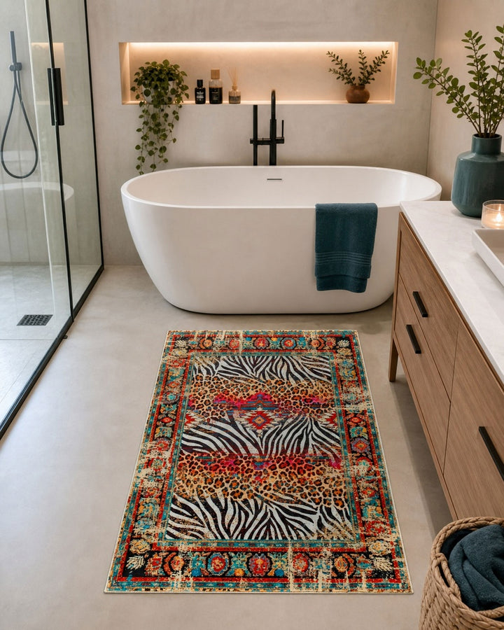 Badteppich Boho Safari mit Animal Print dekorativ vor Waschtisch und Badewanne platziert.