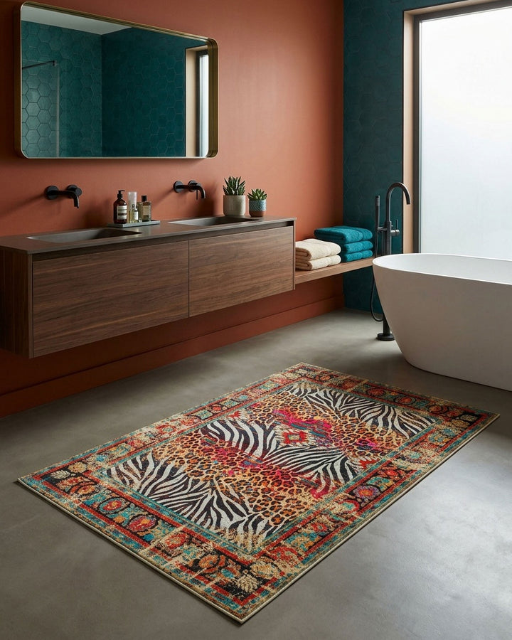 Badteppich Boho Safari mit Animal Print als Blickfang in einem modern eingerichteten Badezimmer ausgelegt.