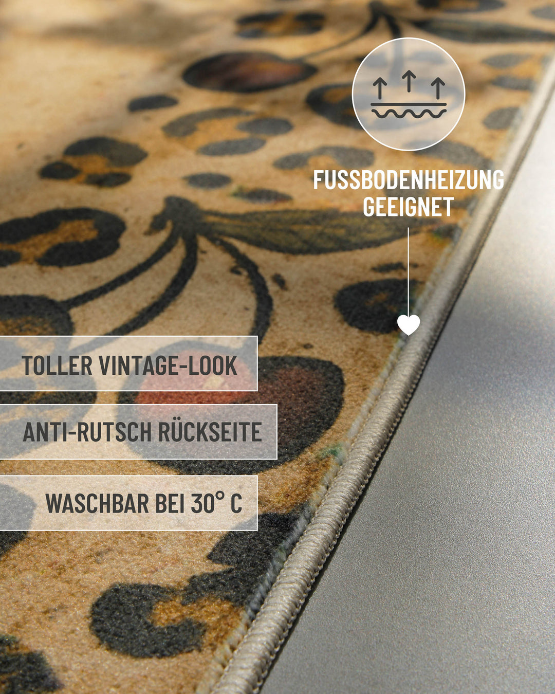 Badteppich Catwalk mit Informationen zu Vintage-Look, Antirutschbeschichtung und Waschbarkeit.