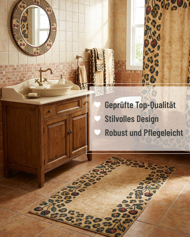 Badteppich Catwalk mit Hinweisen zu hochwertiger Verarbeitung, stilvollem Design und einfacher Pflege.