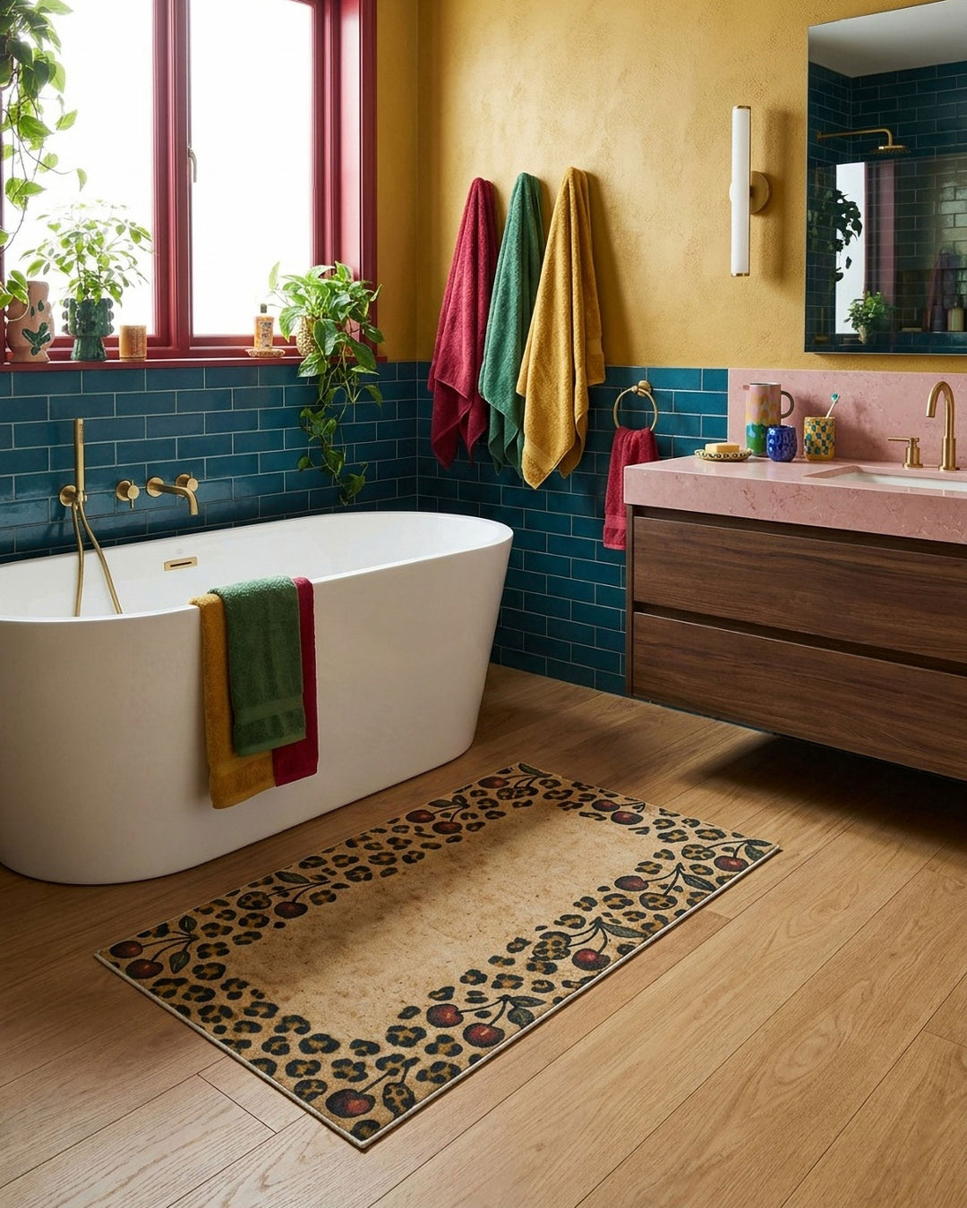 Badteppich Catwalk mit Leopardenmuster dekorativ vor Badewanne und Waschtisch platziert.