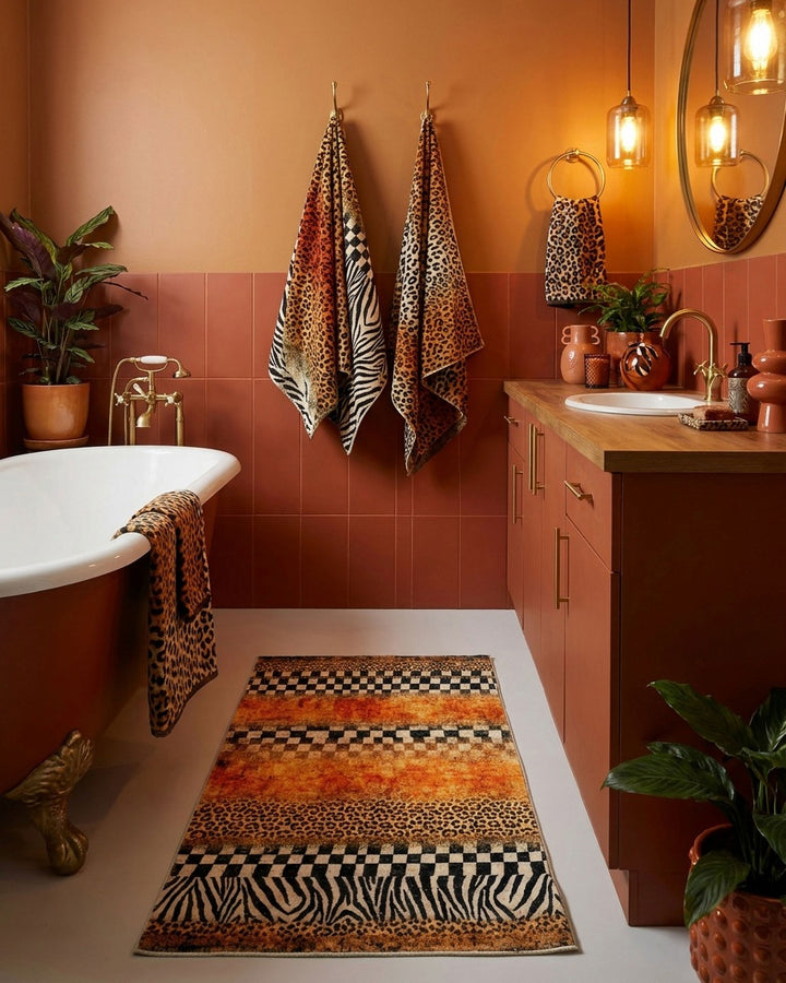 Badteppich Jungle Stripes mit Animal Print dekorativ in einem warm eingerichteten Badezimmer ausgelegt.
