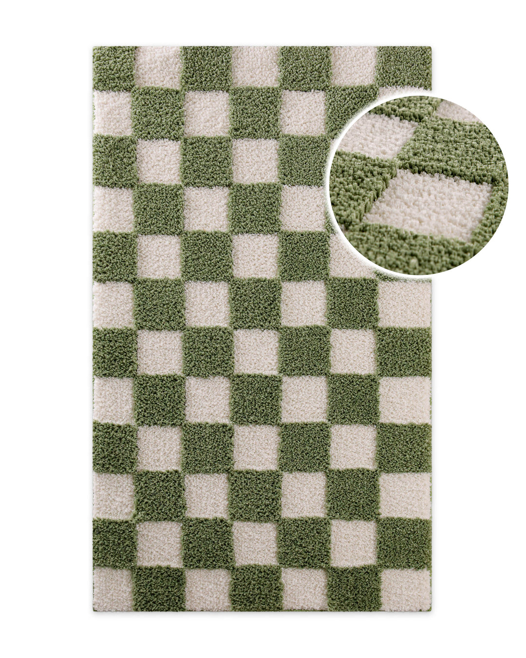 Badteppich Bobbi Grün rechteckig, Draufsicht mit Schachbrettmuster und Detailausschnitt der Florstruktur auf hellem Hintergrund