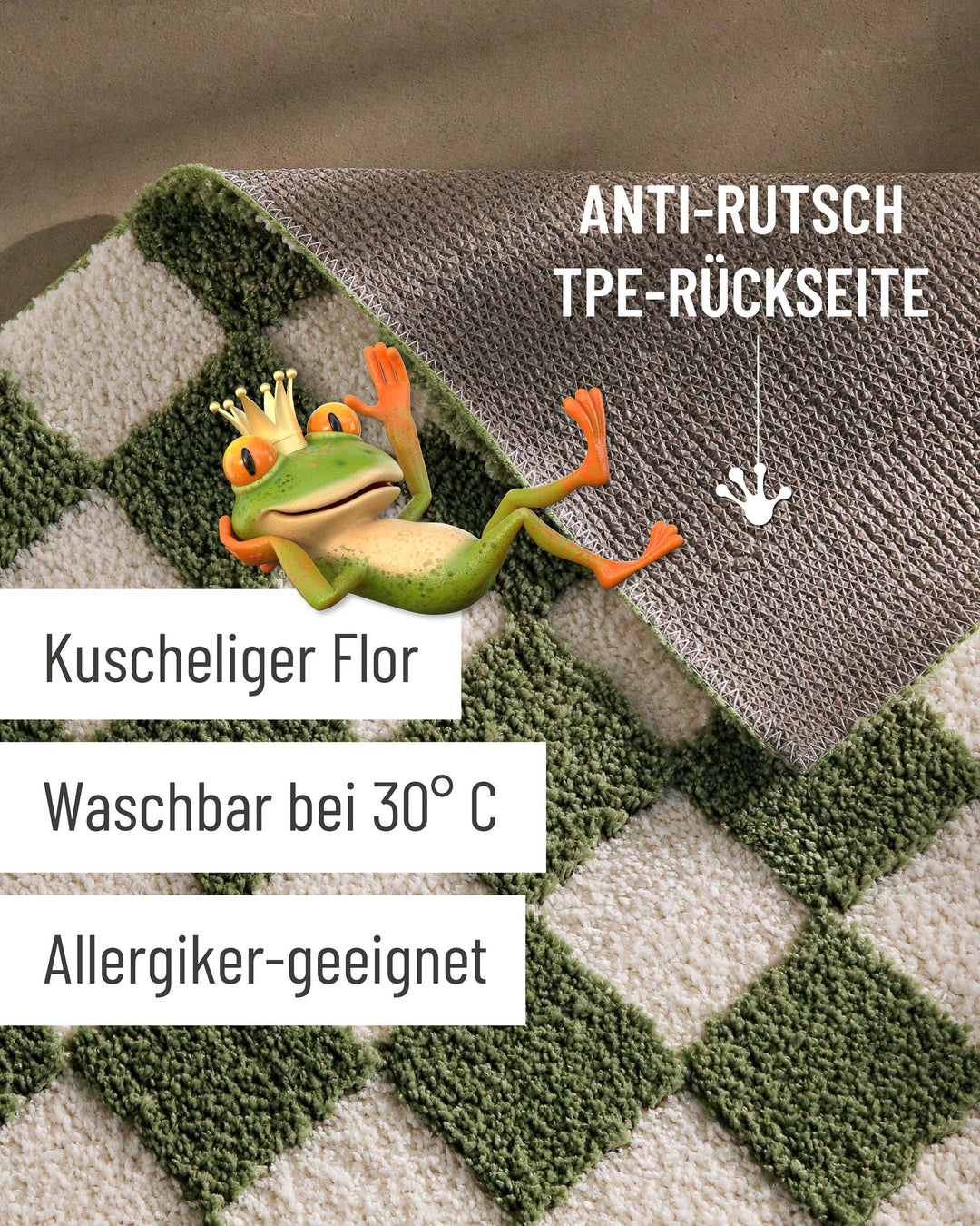 Badteppich Bobbi Grün Detail mit angehobener Ecke, Hinweisgrafik zu rutschhemmender Rückseite und Waschbarkeit