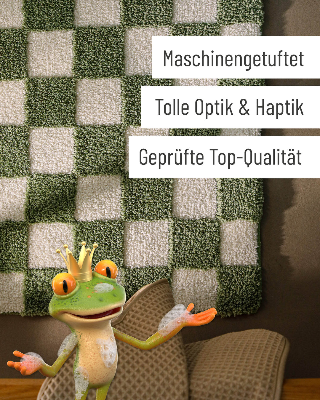 Badteppich Bobbi Grün Detail der Teppichkante mit Hinweisen zu maschinengetufteter Verarbeitung