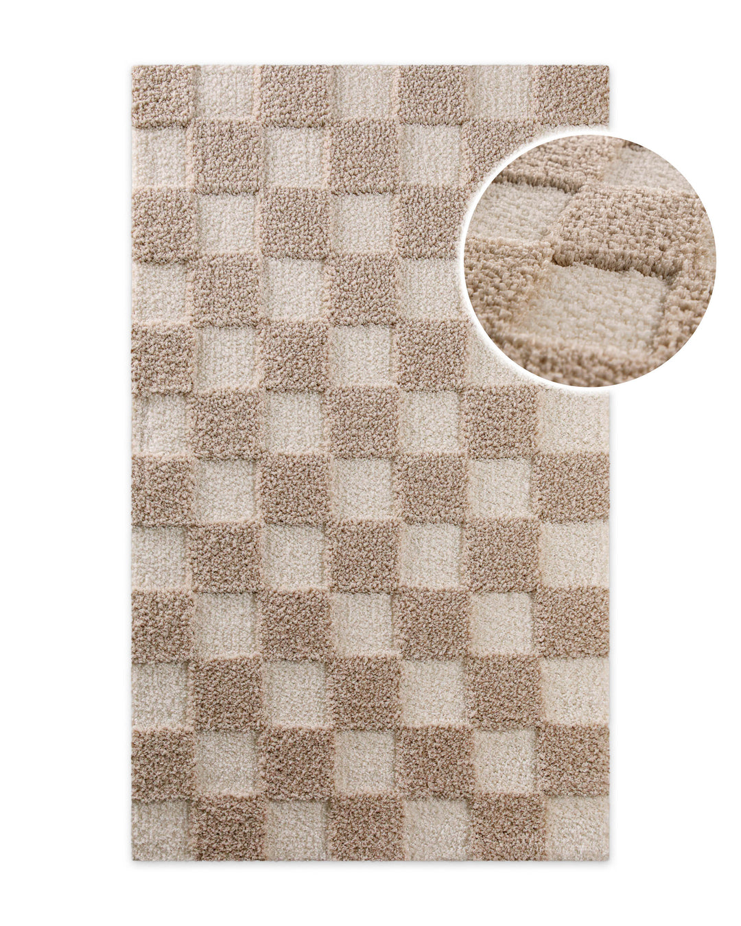 Badteppich Bobbi Beige rechteckig, Draufsicht mit Schachbrettmuster und Detailausschnitt der Florstruktur auf hellem Hintergrund