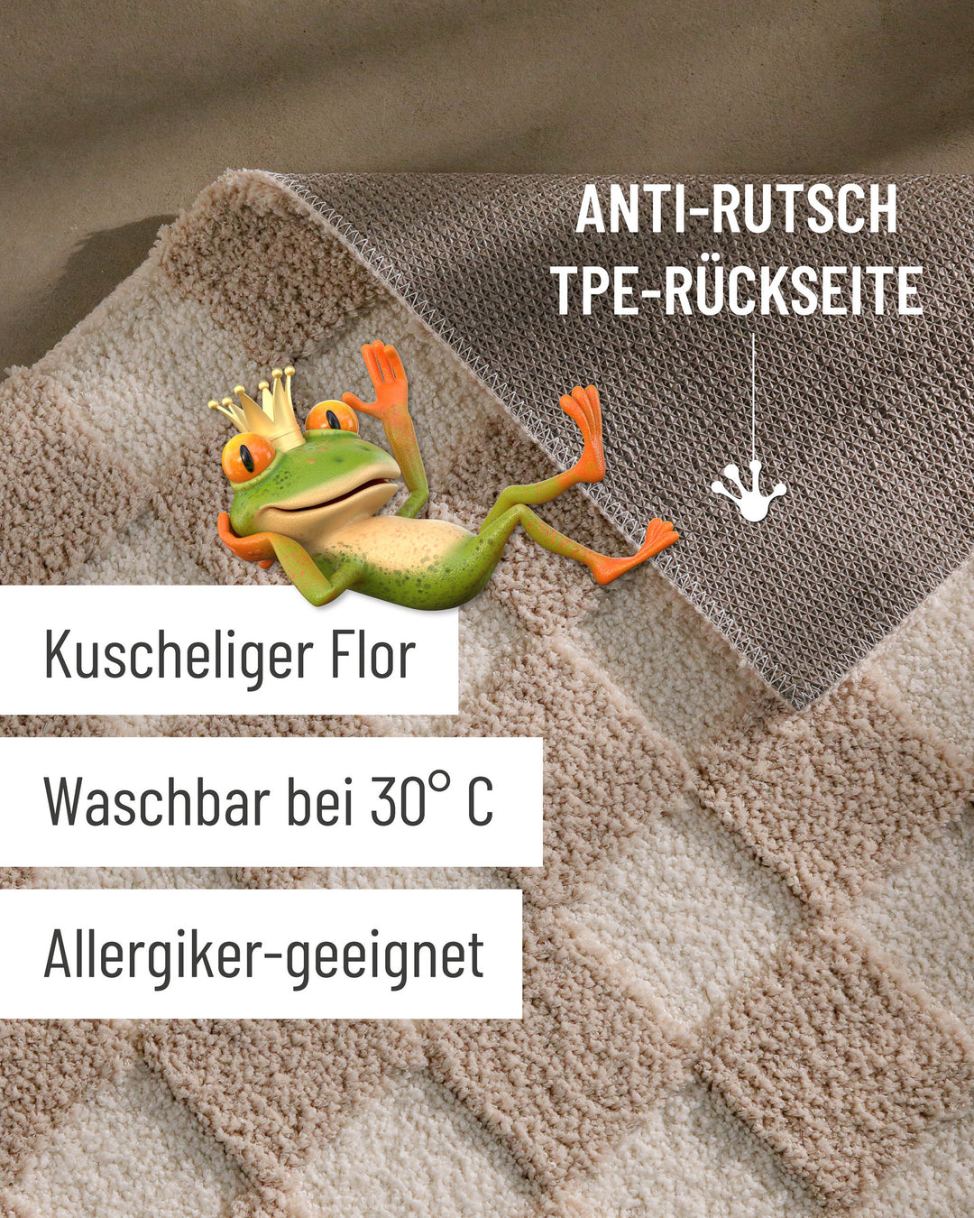 Badteppich Bobbi Beige Detail mit angehobener Ecke, Hinweisgrafik zu rutschhemmender Rückseite und Waschbarkeit
