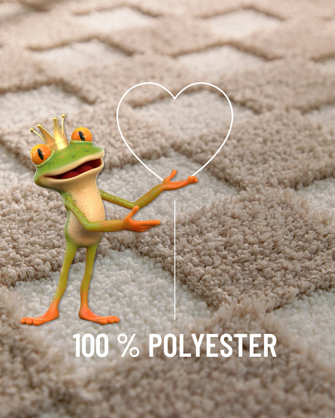 Badteppich Bobbi Beige Detailaufnahme Flor mit Einblendung Materialangabe 100 Prozent Polyester