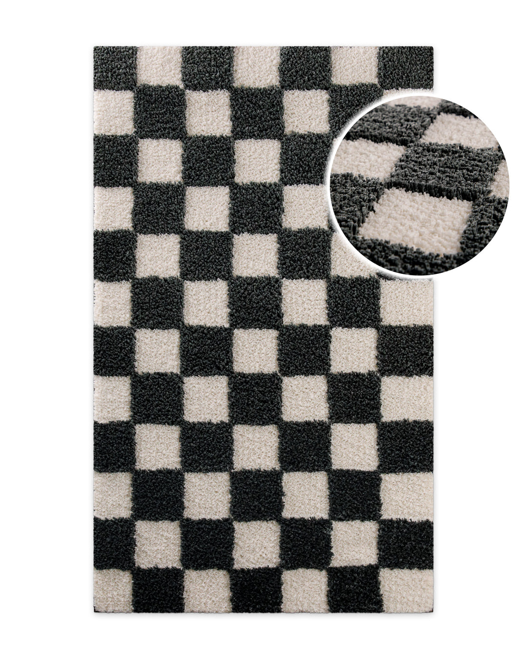 Badteppich Bobbi Anthrazit Grau rechteckig, Draufsicht mit Schachbrettmuster und Detailausschnitt der Florstruktur auf hellem Hintergrund
