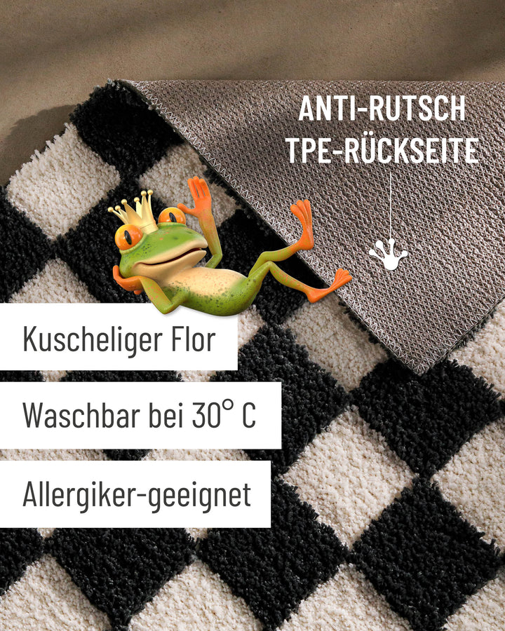 Badteppich Bobbi Anthrazit Grau Detail mit angehobener Ecke, Hinweisgrafik zu rutschhemmender Rückseite und Waschbarkeit