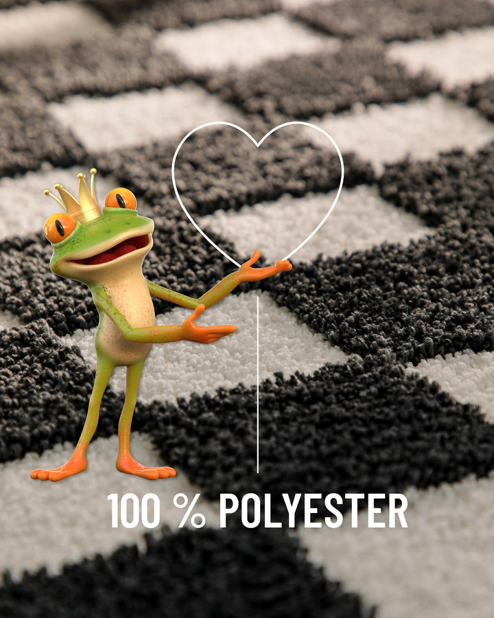 Badteppich Bobbi Anthrazit Grau Detailaufnahme Flor mit Einblendung Materialangabe 100 Prozent Polyester