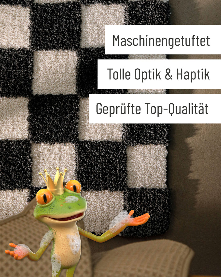 Badteppich Bobbi Anthrazit Grau Detail der Teppichkante mit Hinweisen zu maschinengetufteter Verarbeitung