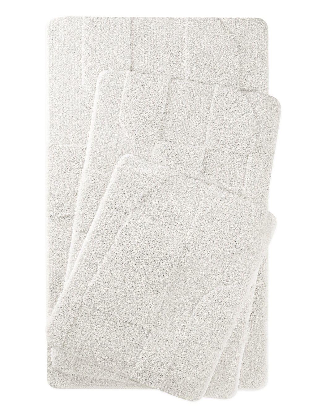 Badteppich Davie Weiß zwei rechteckige Matten übereinander gelegt, Draufsicht mit geometrischem Reliefmuster