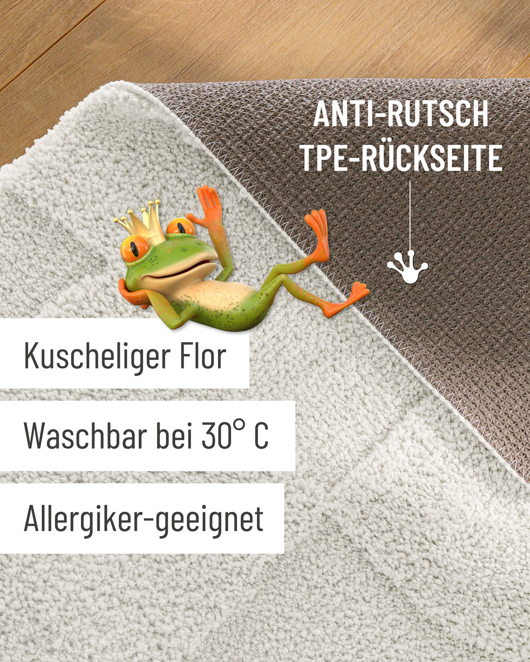 Badteppich Davie Weiß Detailaufnahme Flor auf Holzfußboden, eingeblendete Hinweise zu rutschhemmender Rückseite und Waschbarkeit