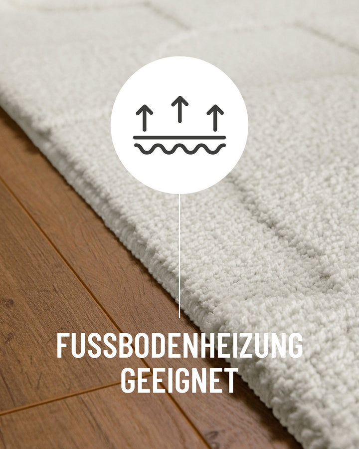 Badteppich Davie Weiß Detail auf Holzfußboden mit Symbol für Fußbodenheizung, Nahaufnahme von Flor und Teppichkante