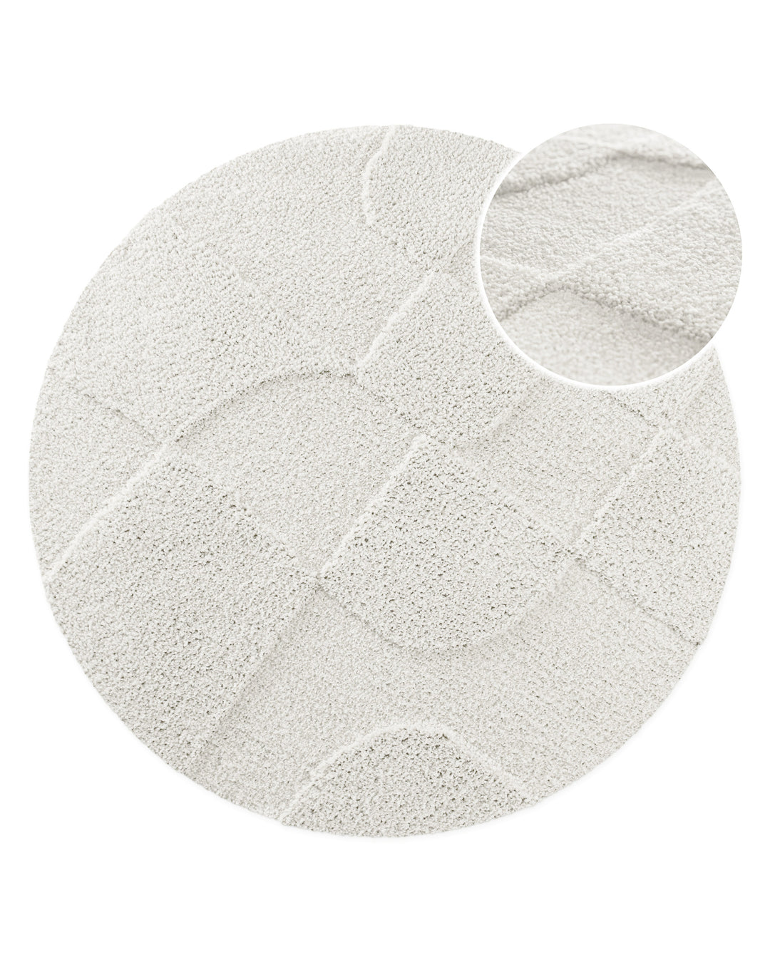 Badteppich Davie Weiß rund, Draufsicht mit Detailkreis der Florstruktur und eingeprägtem Linienmuster auf hellem Hintergrund