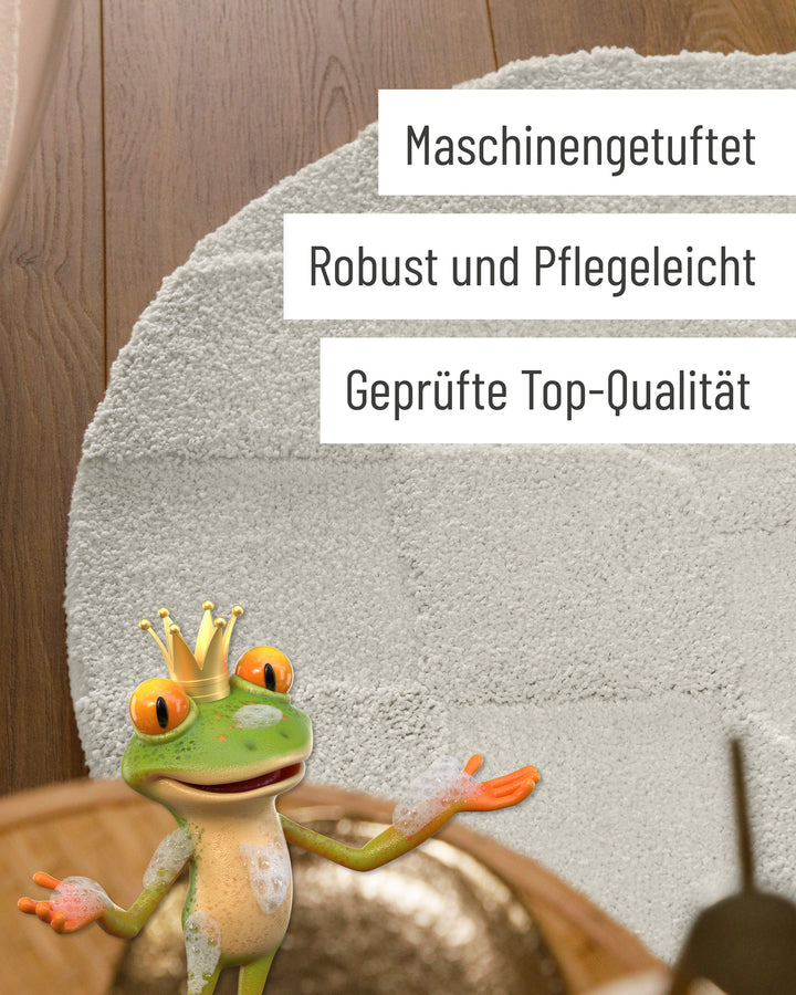 Badteppich Davie Weiß rund Detail der Teppichkante mit Hinweisen zu maschinengetufteter Verarbeitung