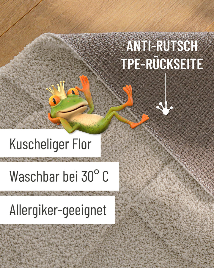 Badteppich Davie Grau Detailaufnahme Flor auf Holzfußboden, eingeblendete Hinweise zu rutschhemmender Rückseite und Waschbarkeit