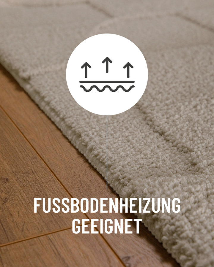 Badteppich Davie Grau Detail auf Holzfußboden mit Symbol für Fußbodenheizung, Nahaufnahme von Flor und Teppichkante