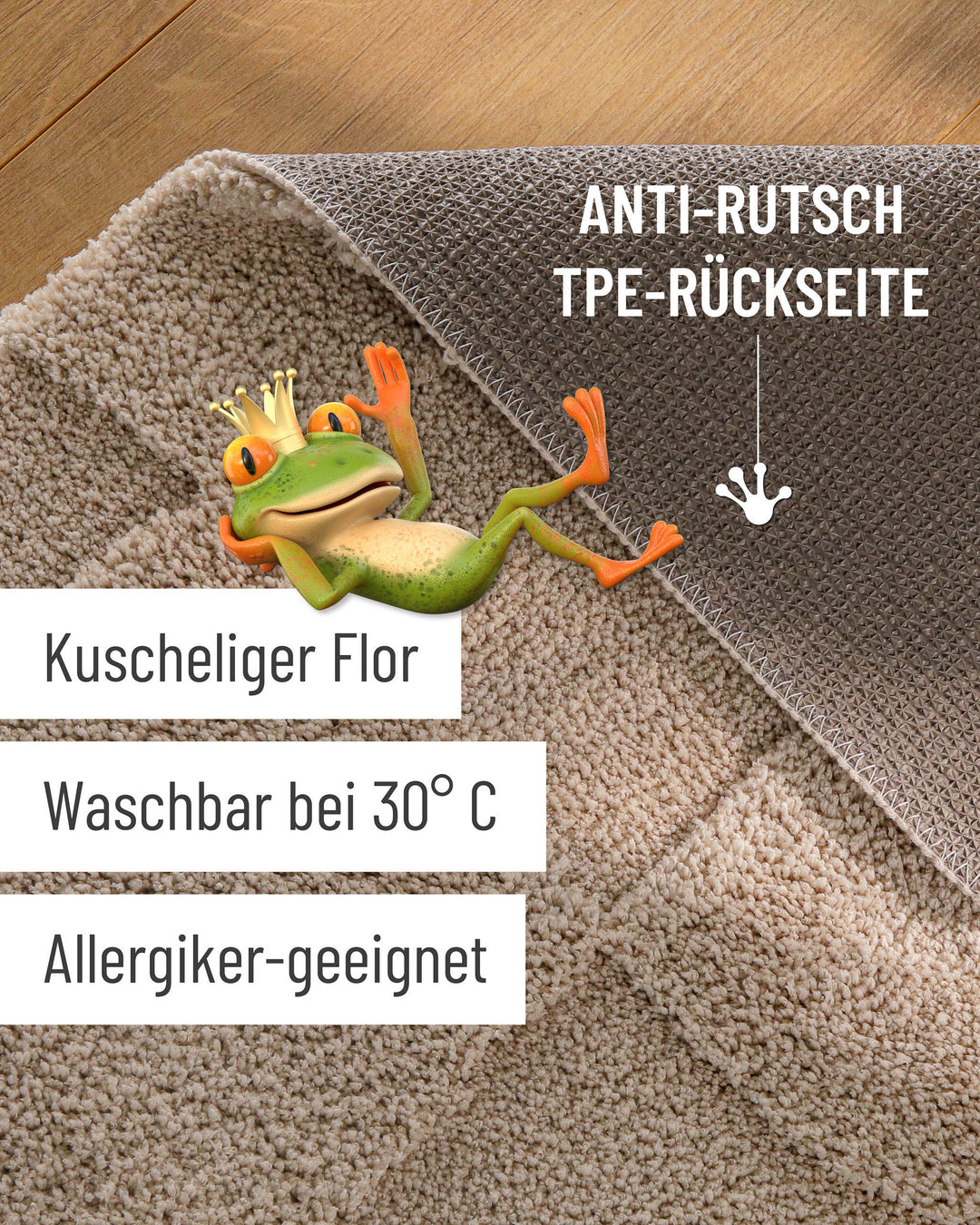 Badteppich Davie Sand Beige Detailaufnahme Flor auf Holzfußboden, eingeblendete Hinweise zu rutschhemmender Rückseite und Waschbarkeit