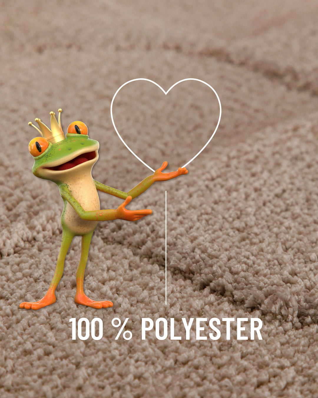 Badteppich Davie Sand Beige Nahaufnahme des Flors mit eingeblendeter Materialangabe 100 Prozent Polyester