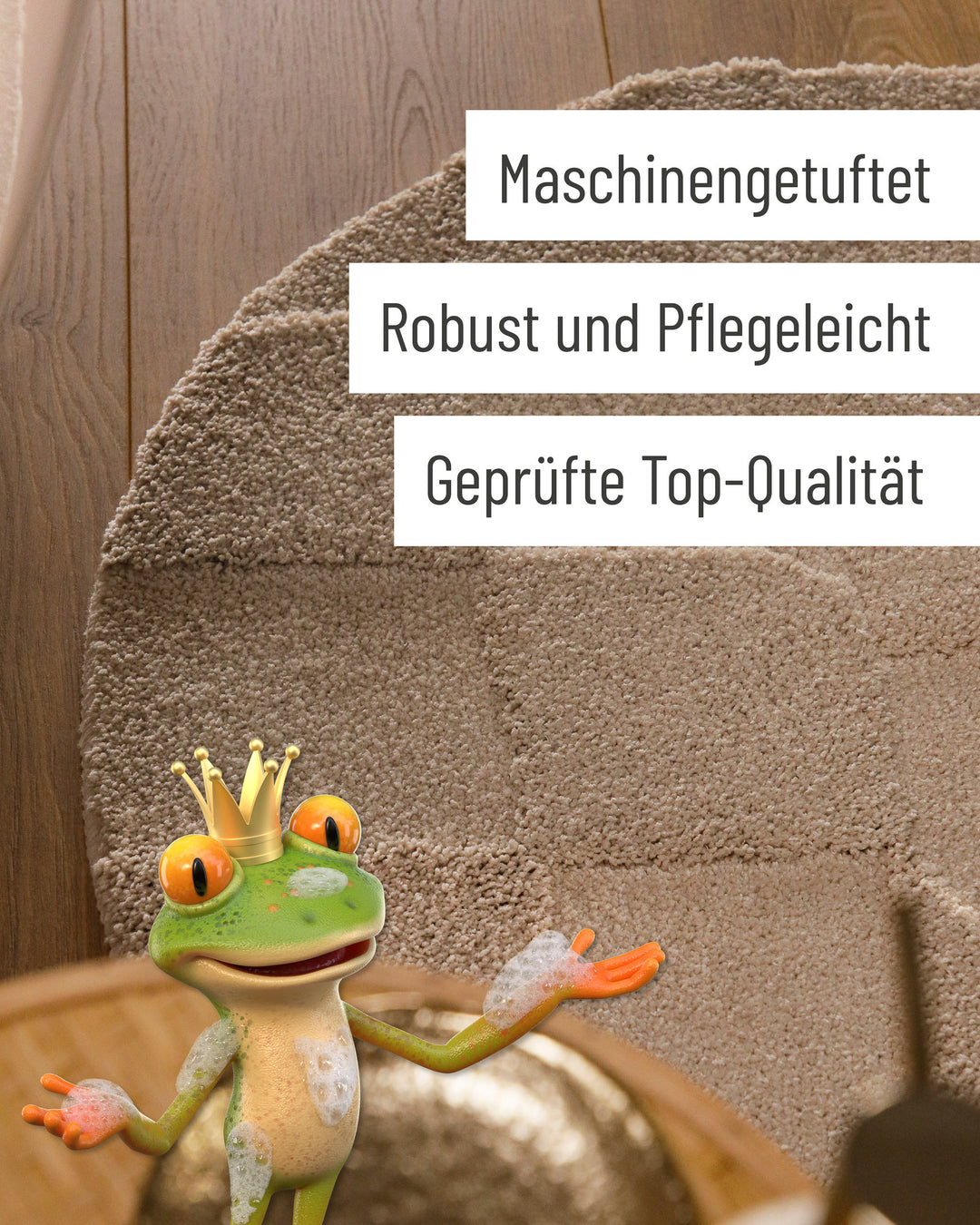 Badteppich Davie Sand Beige rund Detail der Teppichkante mit Hinweisen zu maschinengetufteter Verarbeitung