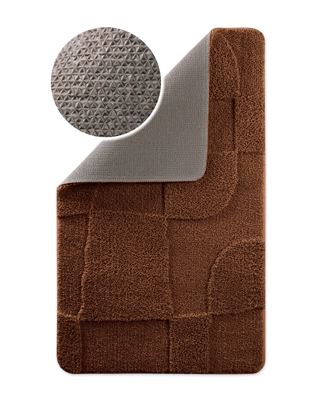 Badteppich Davie Braun Ecke hochgeklappt, runde Probe zeigt Braune Rückseite mit rutschhemmender Beschichtung