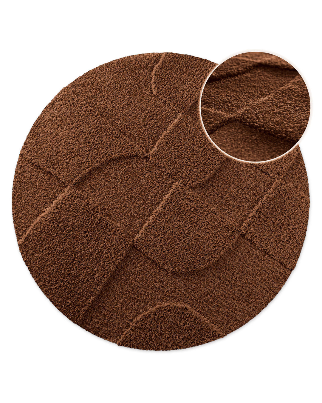 Badteppich Davie Braun rund, Draufsicht mit Detailkreis der Florstruktur und eingeprägtem Linienmuster auf hellem Hintergrund