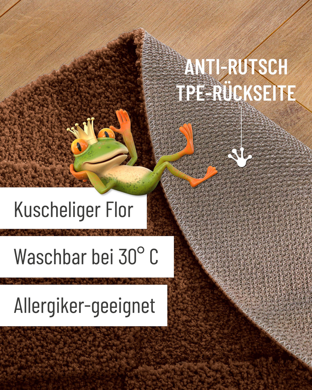 Badteppich Davie Braun Detailaufnahme mit umgeschlagener Ecke, Hinweisgrafik zur rutschhemmenden Rückseite und Waschbarkeit