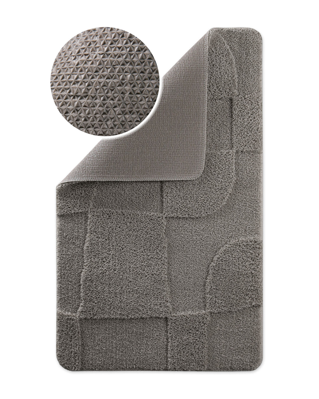 Badteppich Davie Basalt Grau Ecke hochgeklappt, runde Probe zeigt Basalt Graue Rückseite mit rutschhemmender Beschichtung